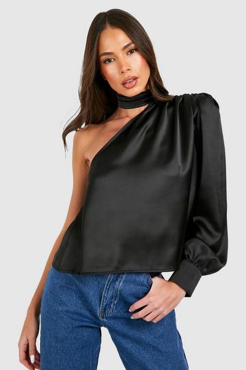 Black Satin Halterneck One Shoulder Blouse