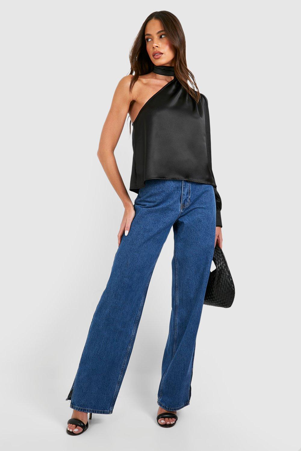 Satin Halterneck One Shoulder Blouse | boohoo