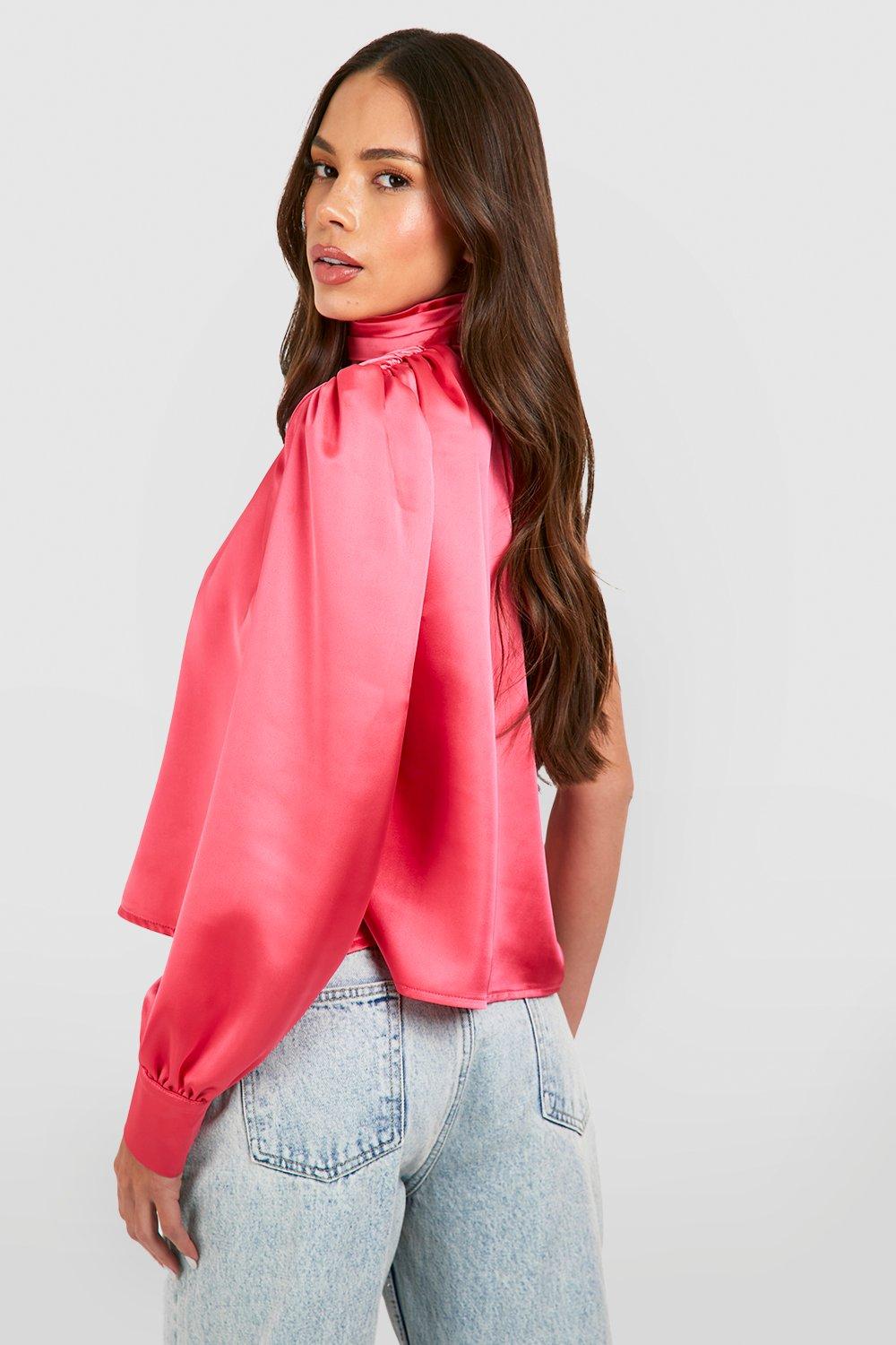 Satin Halterneck One Shoulder Blouse | boohoo