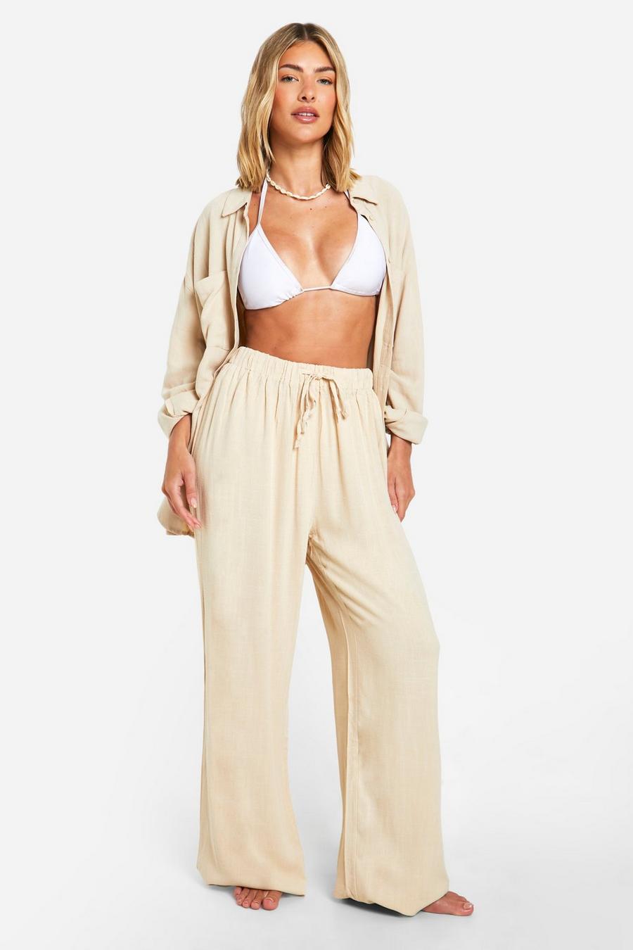 Sand Linen Look Drawstring Beach Trousers image number 1