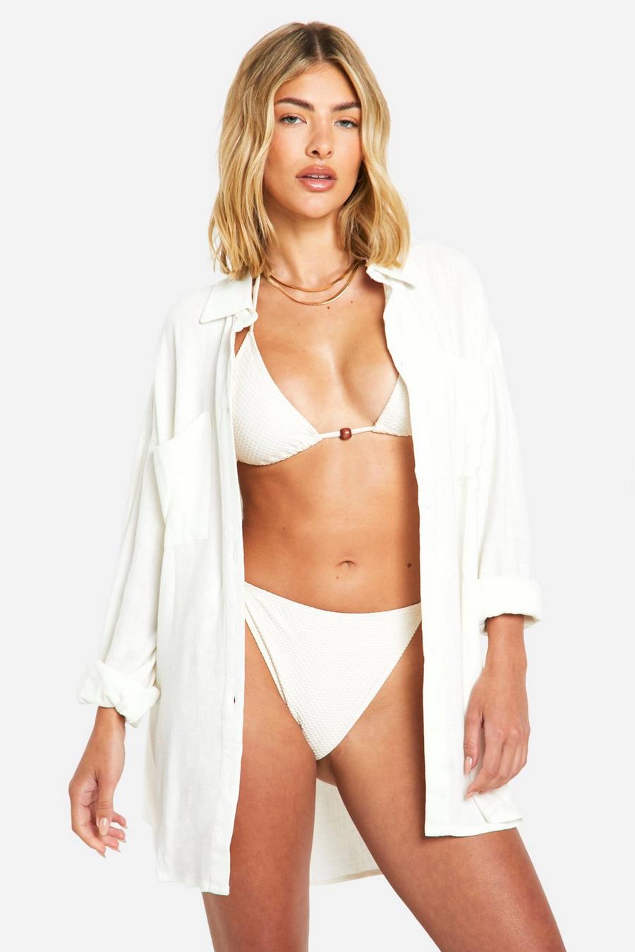 White Linen Look Oversized Beach Shirt image number 1