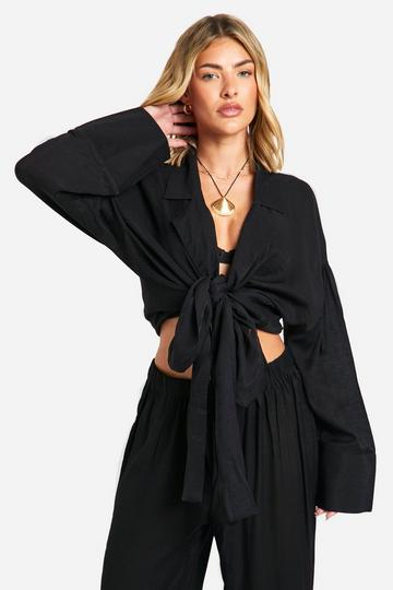 Textured Tie Front Beach Shirt black