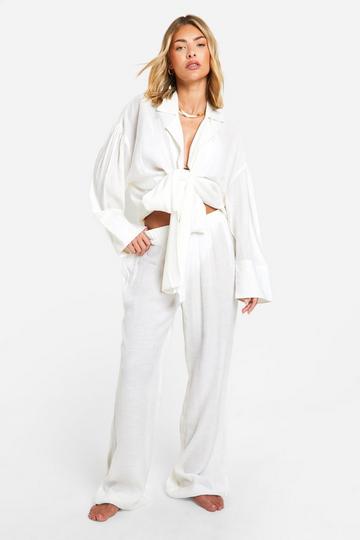 White Textured Tie Front Beach Shirt