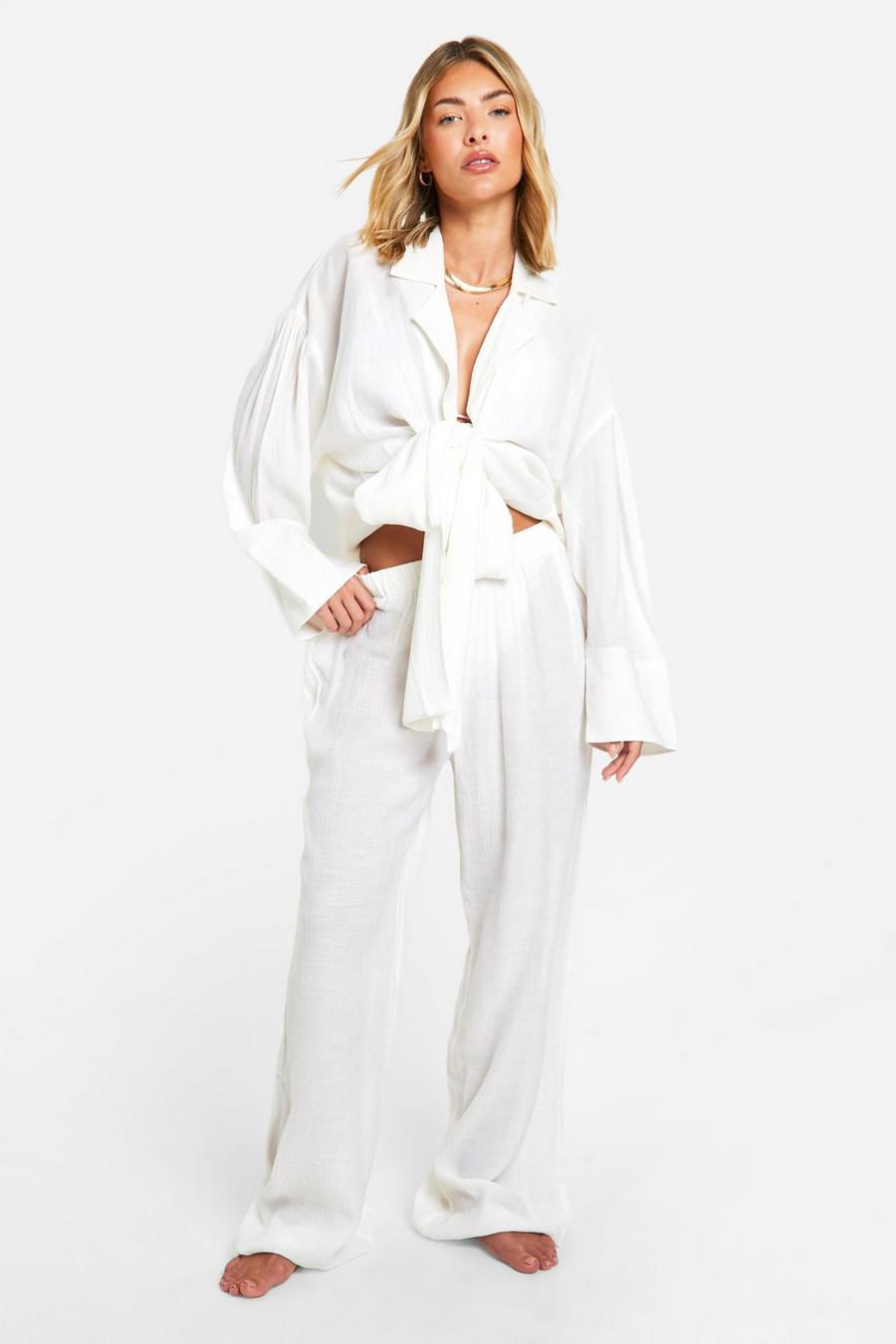 White Textured Tie Front Beach Shirt image number 1