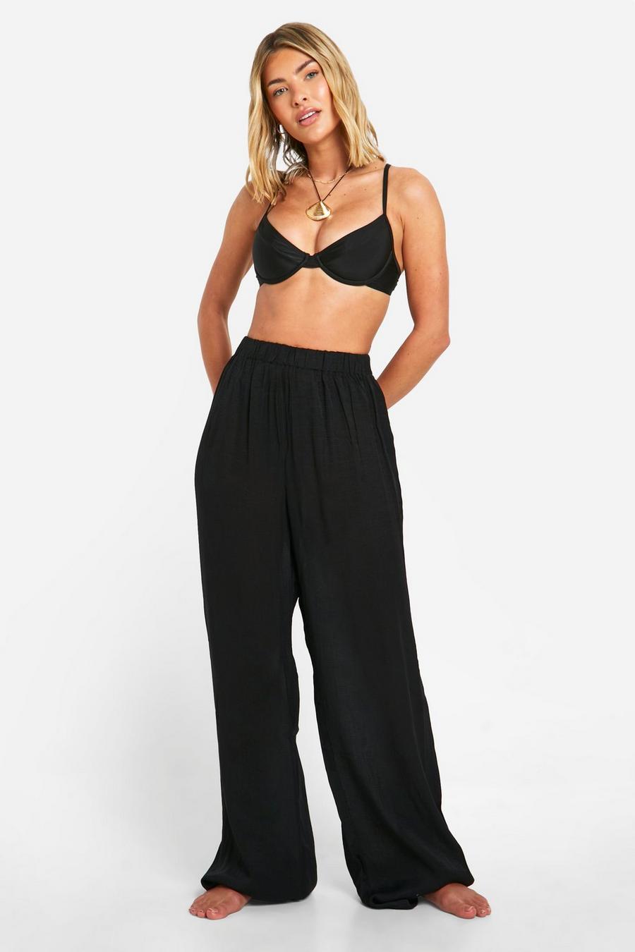 Black Textured Wide Leg Beach Trousers image number 1