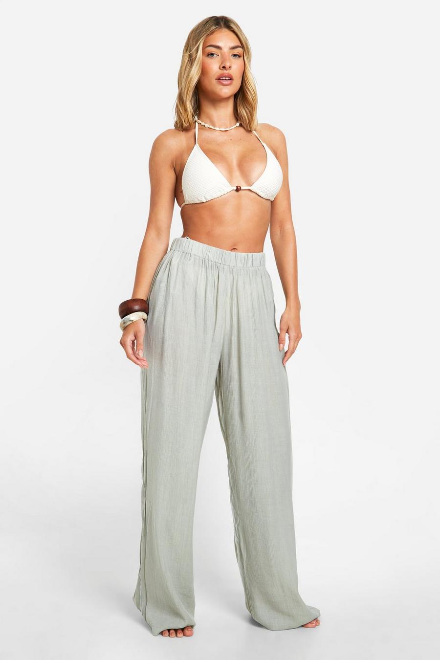Sage Textured Wide Leg Beach Trousers image number 1