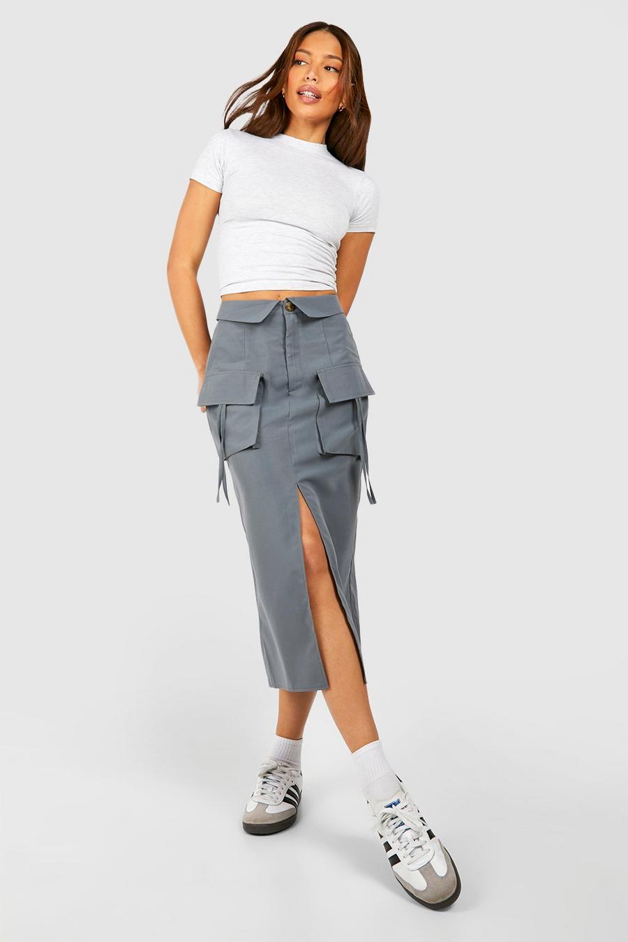 Grey Tall Woven Pocket Detail Midi Skirt image number 1