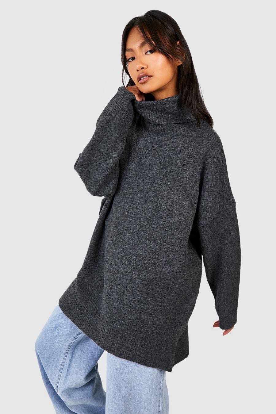Grey Knitted Turtleneck Longline Sweater