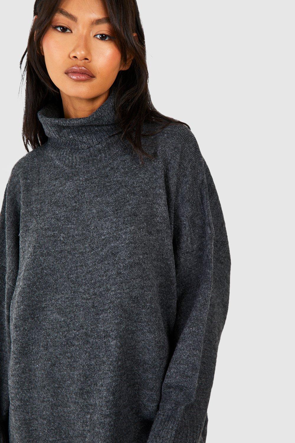 Grey Long Line Roll Neck Jumper