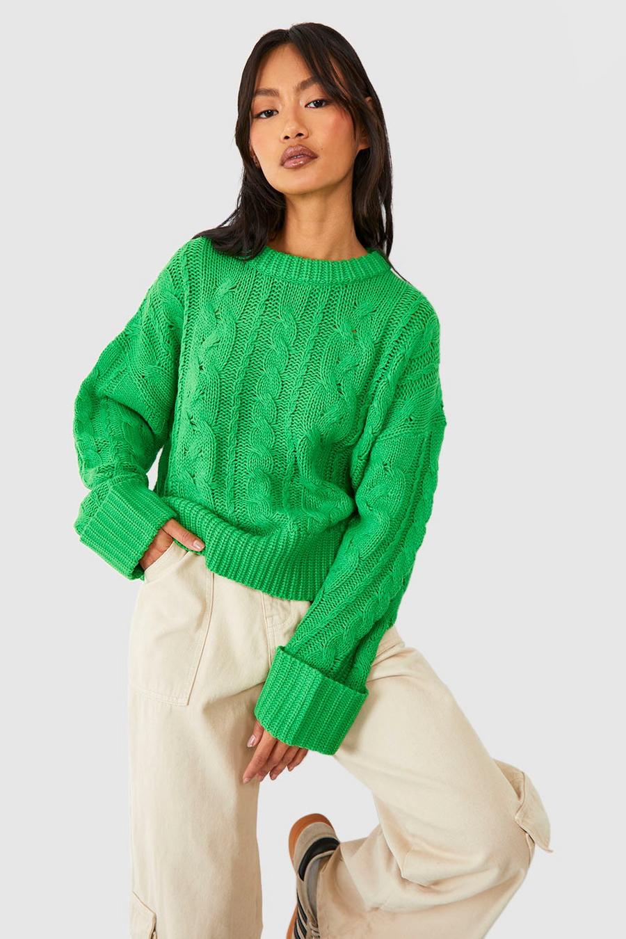 Green Mixed Cable Turn Up Cuff Knitted Crew Neck Jumper