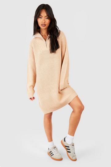Zip Neck Knitted Mini Sweater Dress biscuit