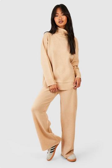 Turtleneck Sweater And Wide Leg Pants Set sand