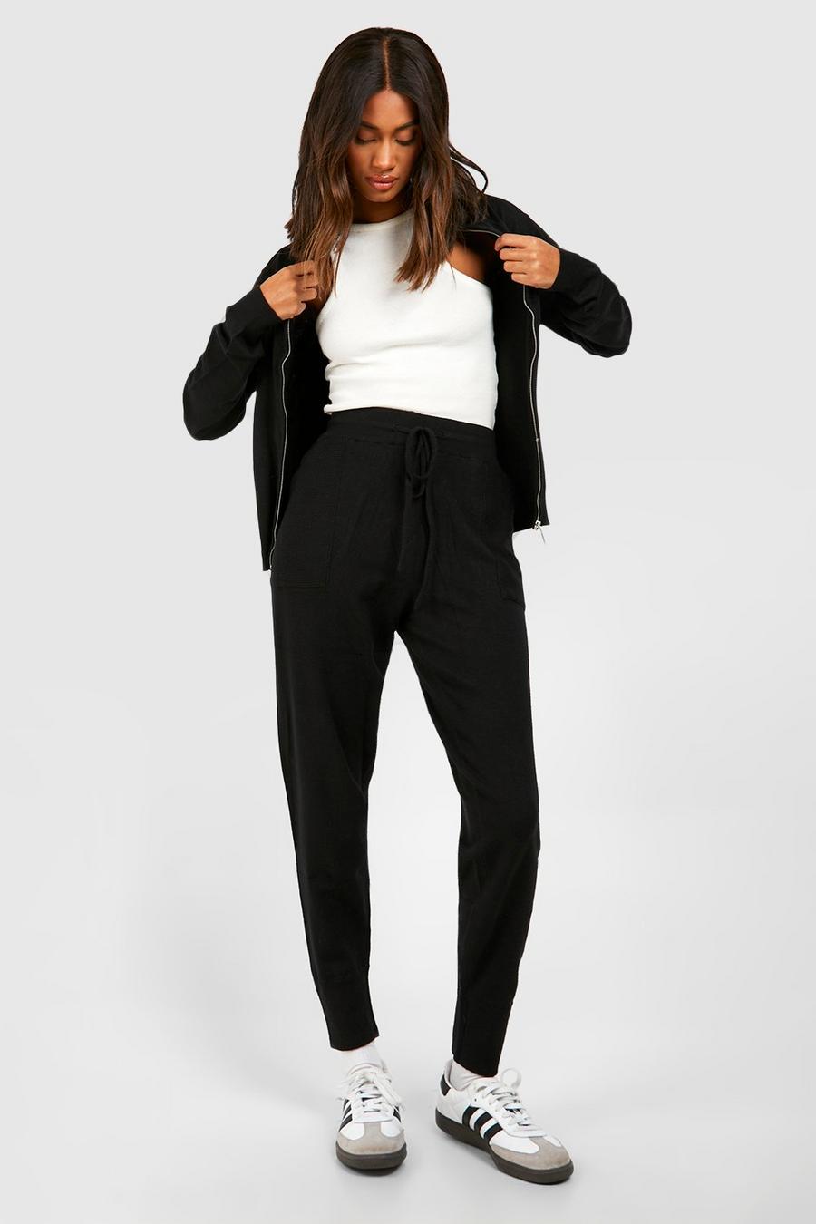 Black Zip Neck Knitted Sweater And Pants Set image number 1
