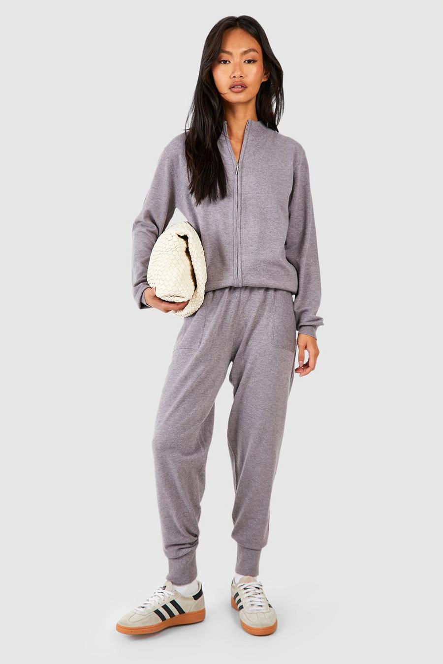 Mid grey Zip Neck Knitted Jumper And Pants Set