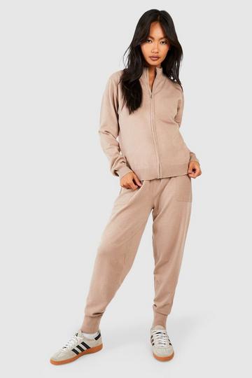 Zip Neck Knitted Sweater And Pants Set taupe