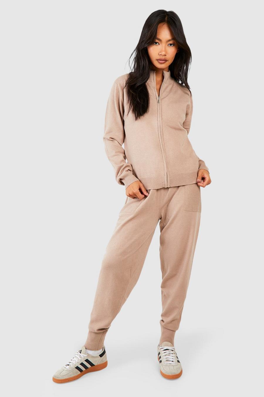 Taupe Zip Neck Knitted Jumper And Pants Set