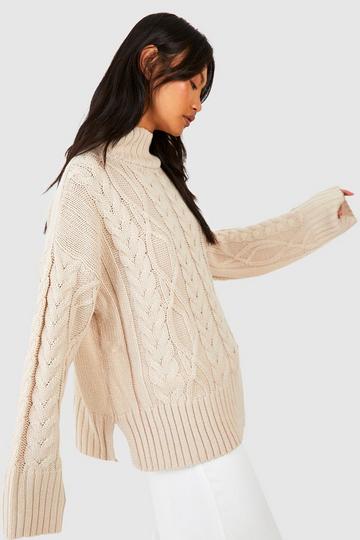 Stone Beige Mixed Cable High Neck Knitted Sweater
