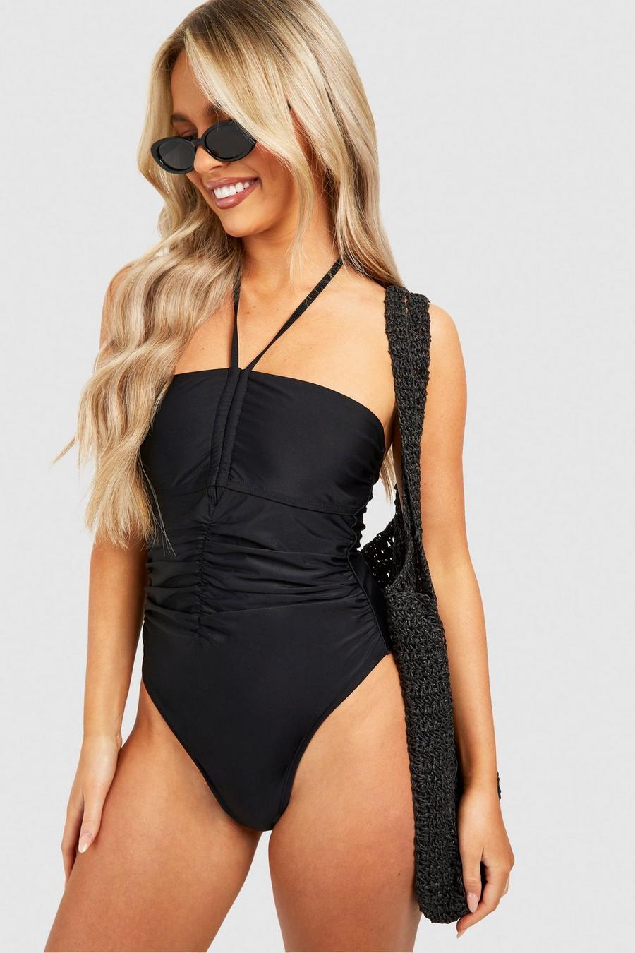 Black Ruched Bandeau Tie Swimsuit image number 1