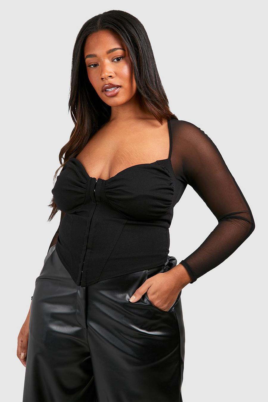 Top a corsetto Plus Size con maniche in rete, asole e gancetti, Black image number 1