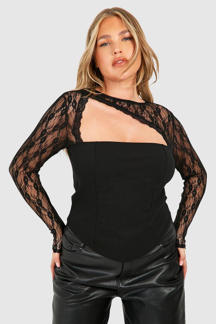 Top a corsetto Plus Size con scollo in pizzo, Black image number 1