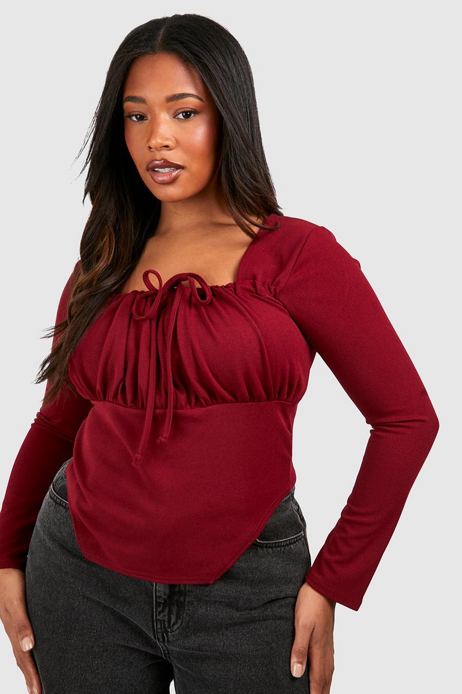 Top Plus estilo corsé de manga larga con atadura frontal, Merlot