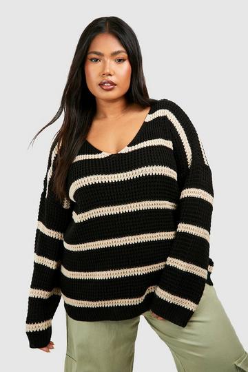 Plus Chunky Oversized Stripe V Neck Sweater black