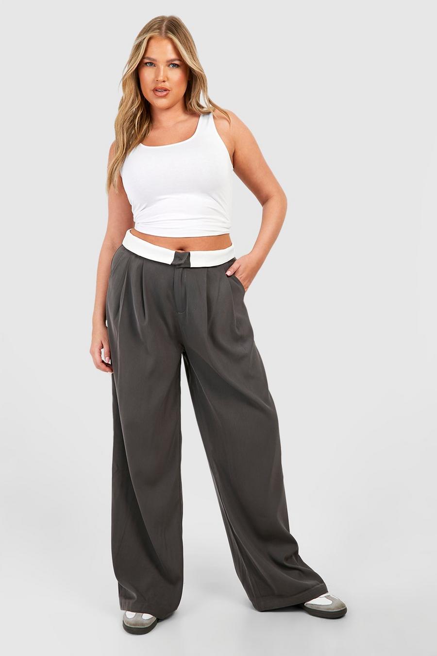 Charcoal Plus Contrast Waistband Detail Straight Leg Pants image number 1