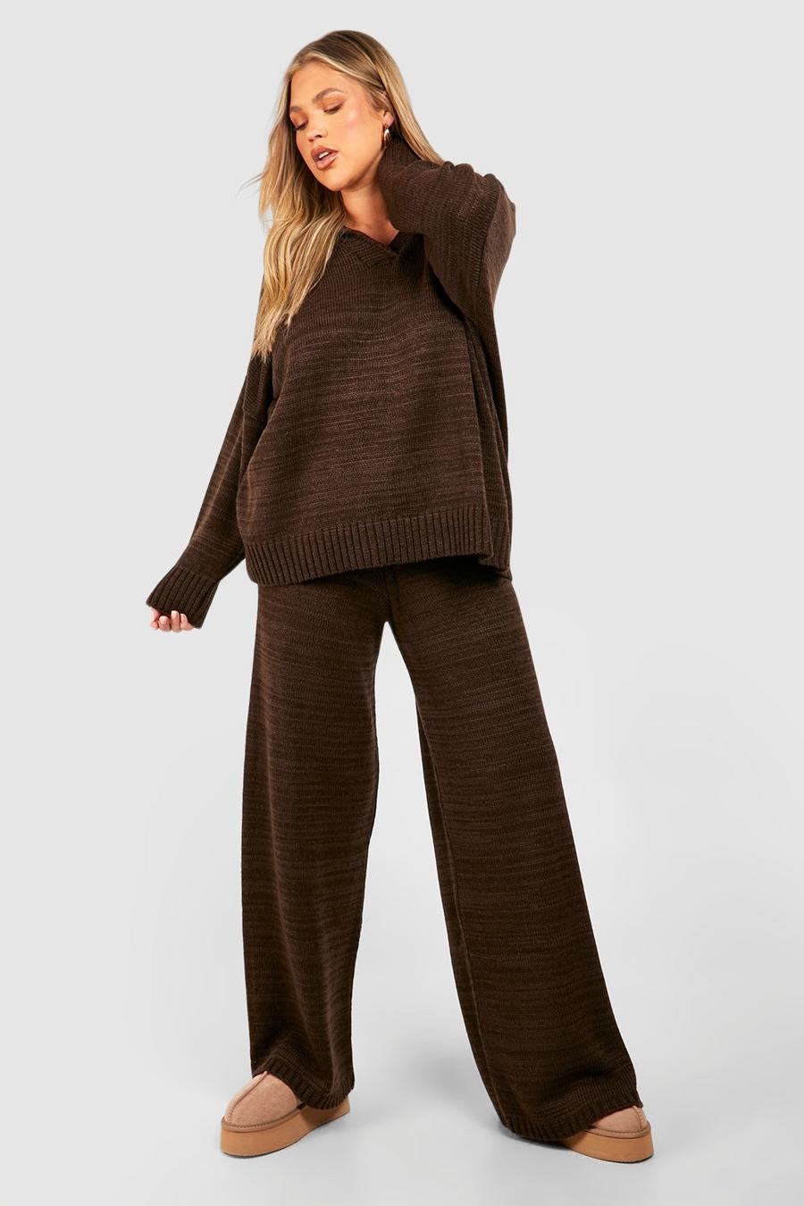 Set Plus Size maglione con colletto & pantaloni a gamba ampia, Chocolate