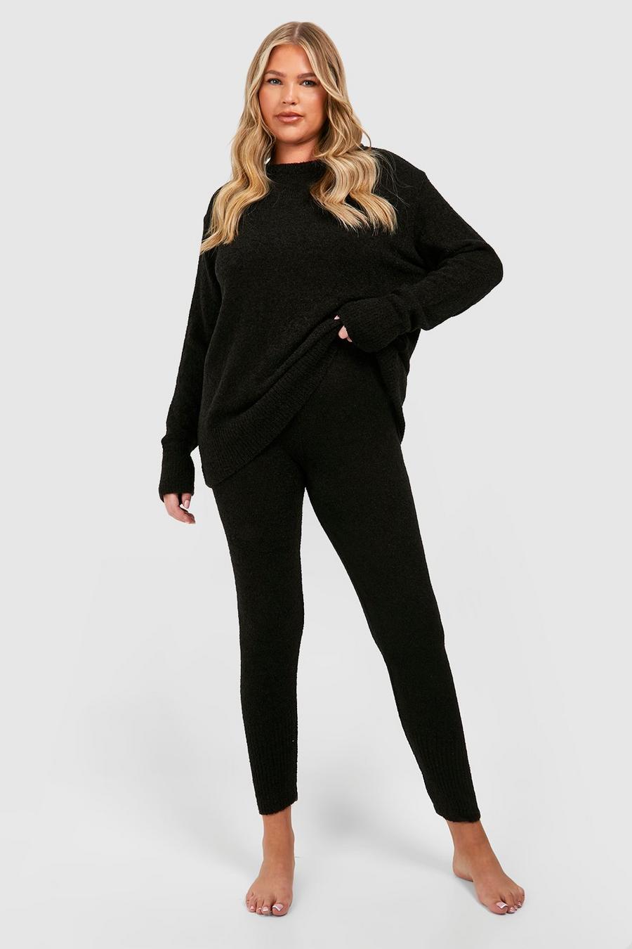 Black Plus Knitted Crew Neck And Legging Set