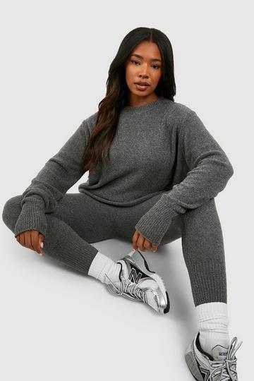 Plus Gebreide Set Met Crewneck En Leggings charcoal