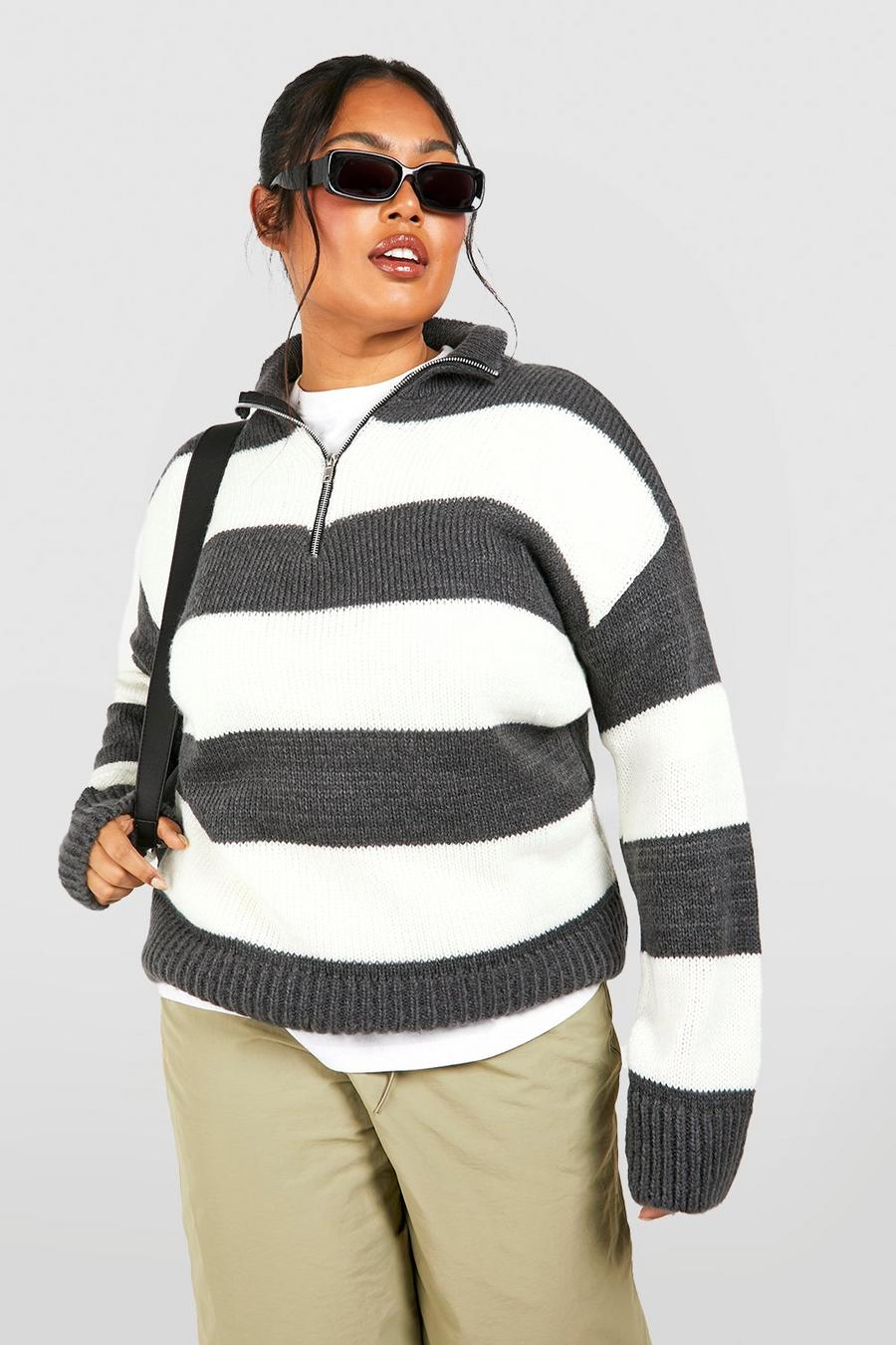 Maglione Plus Size a righe con zip corta, Charcoal image number 1