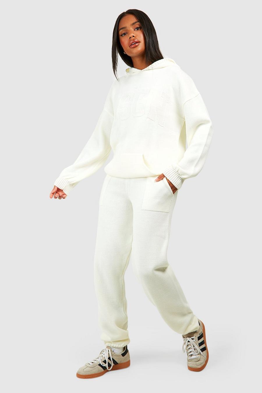 Conjunto Dsgn de pantalón deportivo y sudadera oversize con capucha y costuras, Ecru image number 1