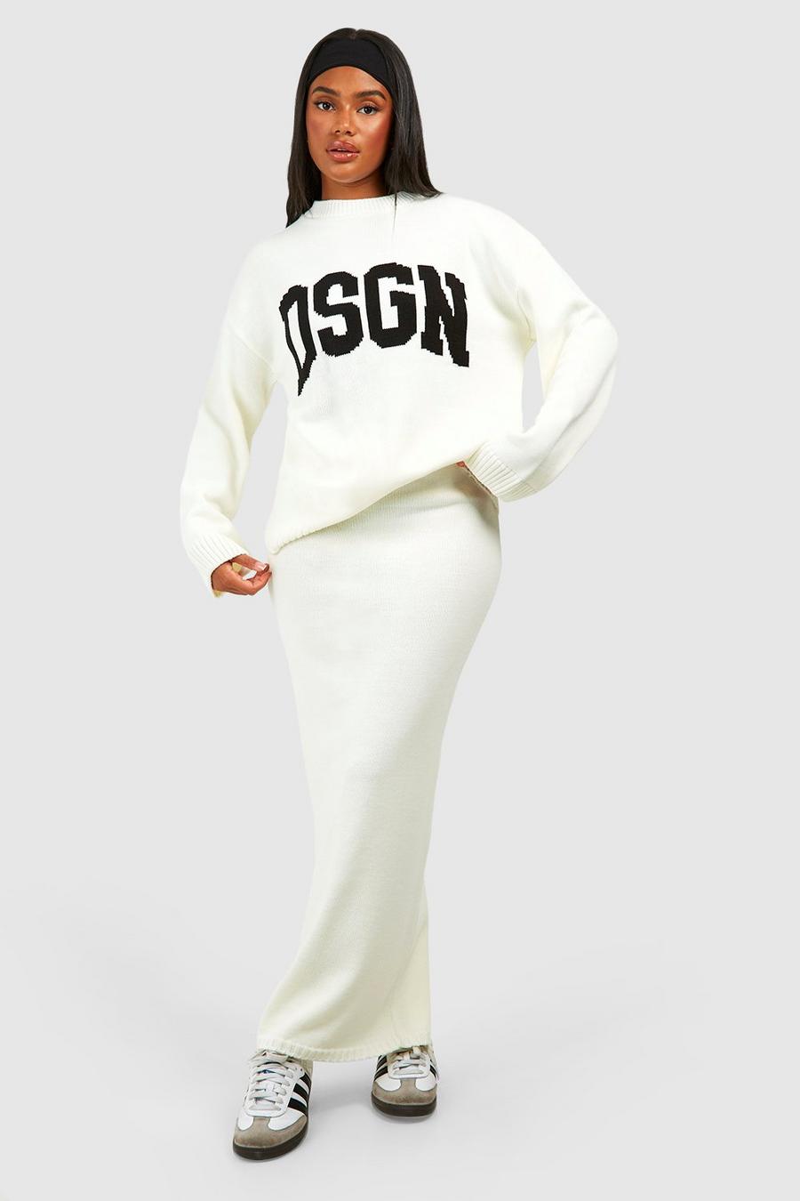 Ecru white Dsgn Crew Neck Knitted Jumper And Maxi Skirt Set