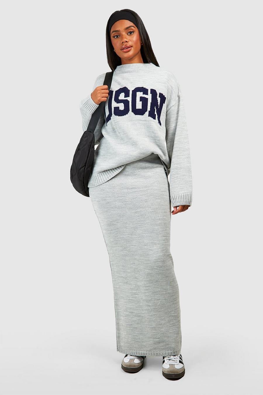 Grey Dsgn Crew Neck Knitted Jumper And Maxi Skirt Set