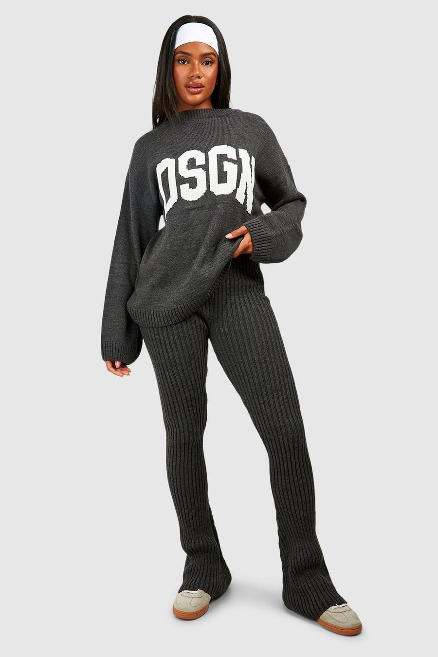 Charcoal Dsgn Crew Neck Knitted Jumper And Flare Legging Set image number 1