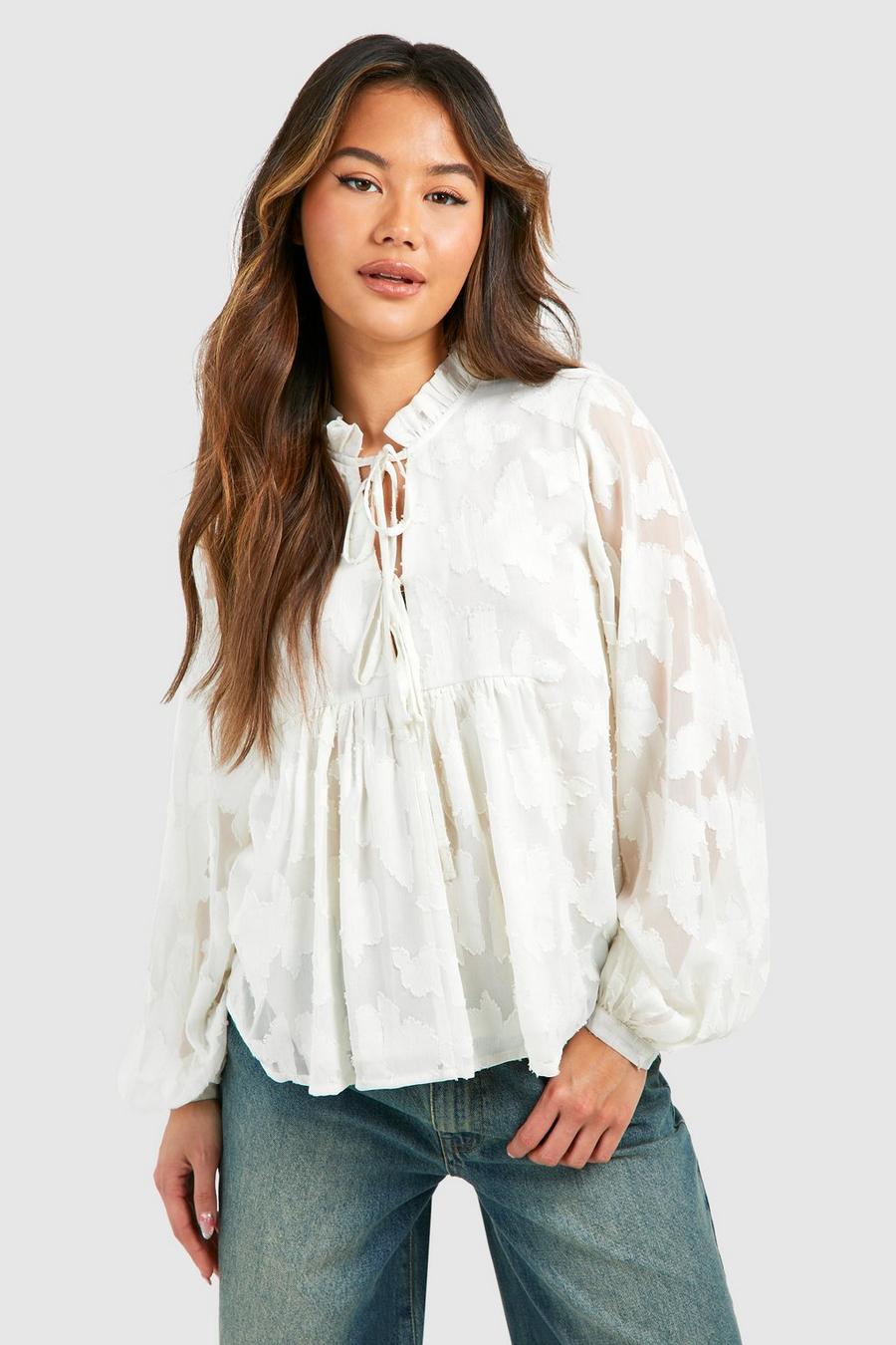 Cream Floral Texture Balloon Sleeve Blouse   image number 1