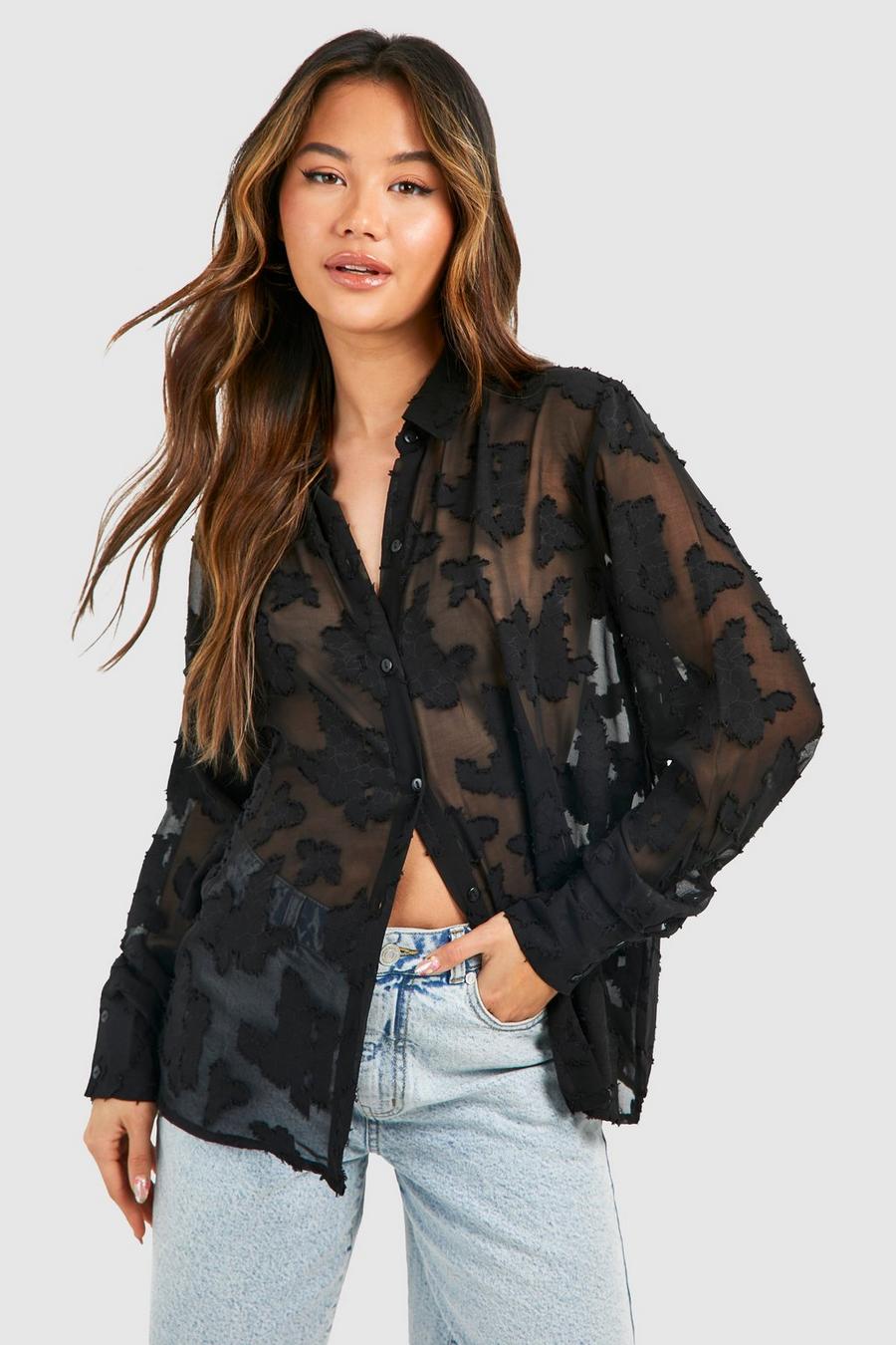 Black Bloemen Blouse Met Textuur