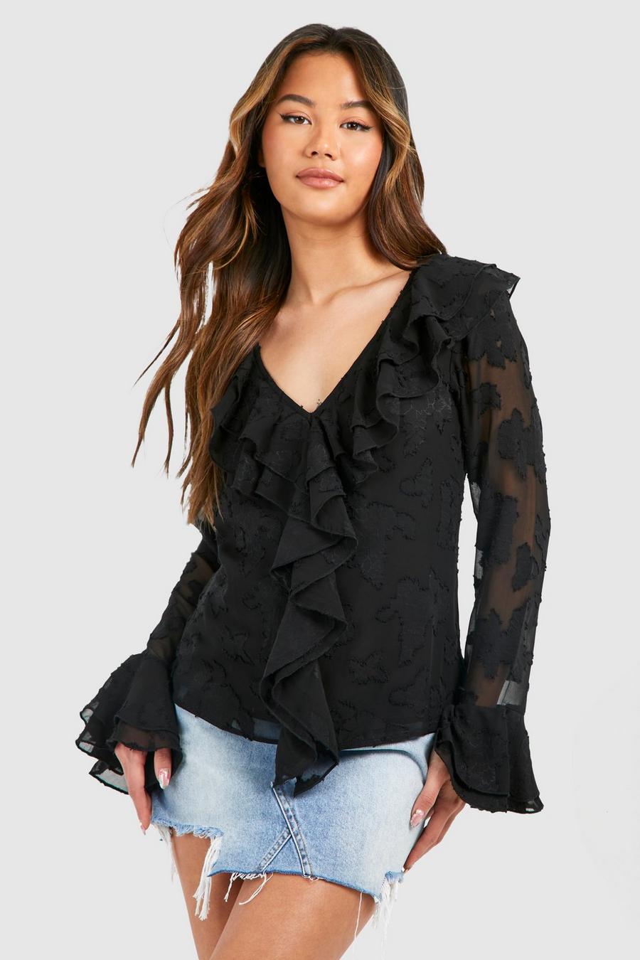 Black Floral Texture Ruffle Blouse image number 1