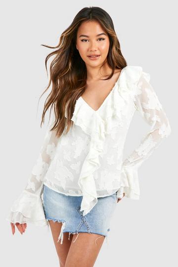 Cream White Floral Texture Ruffle Blouse