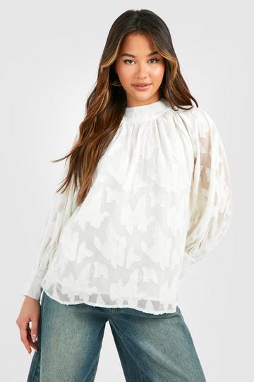 Cream White Floral Texture Blouson Blouse