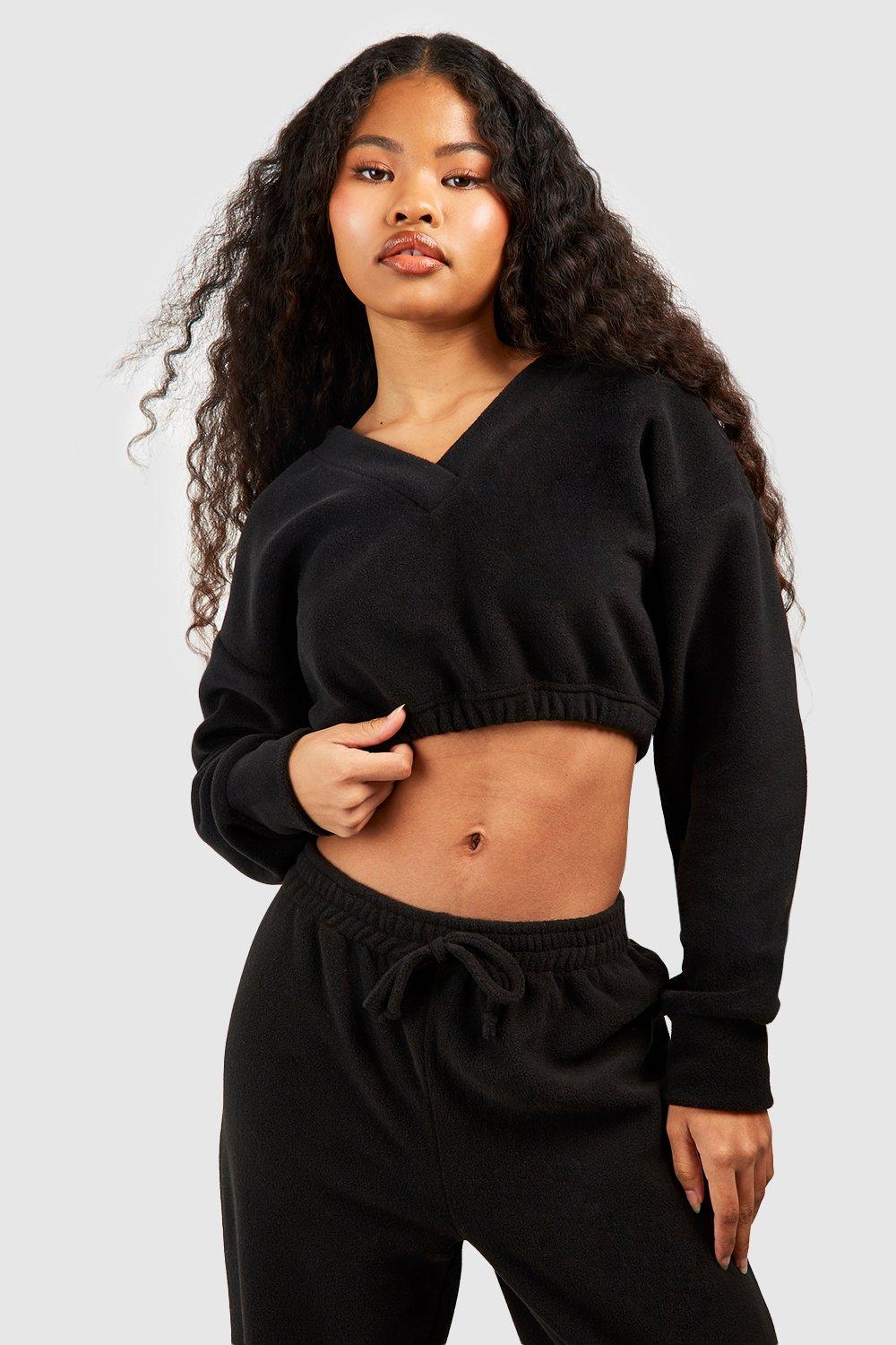 boohoo Petite Fleece V Front Crop Sweatshirt Black Size M