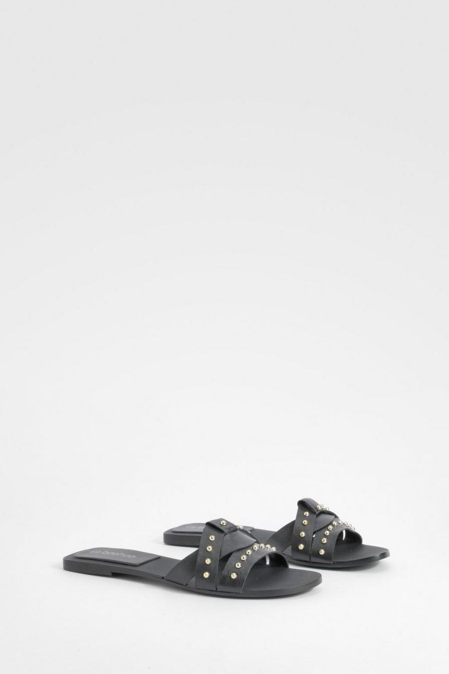 Black Studded Woven Leather Mule Sandals  image number 1