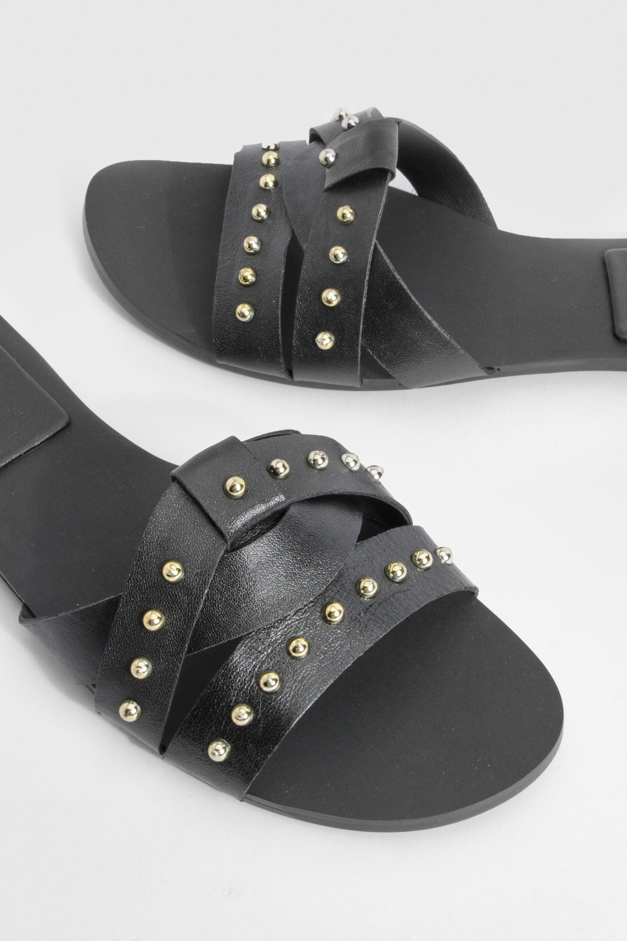 Studded Woven Leather Mule Sandals boohoo