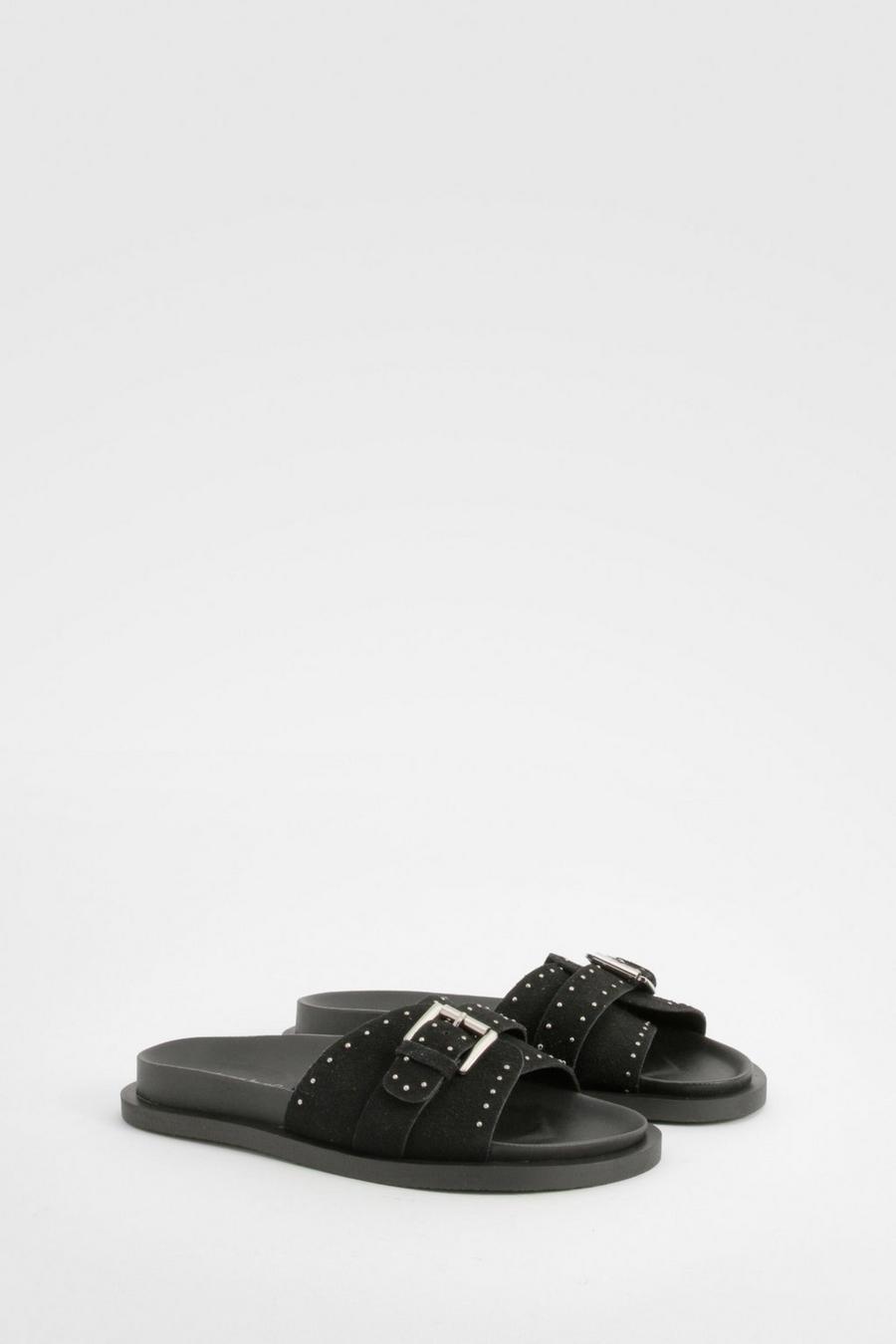 Black Studded Leather Sliders image number 1