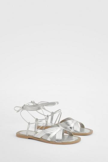 Silver Multi Strap Leather Wrap Up Sandals