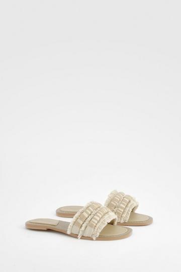 Embroidered Tassel Canvas Mule Sliders cream