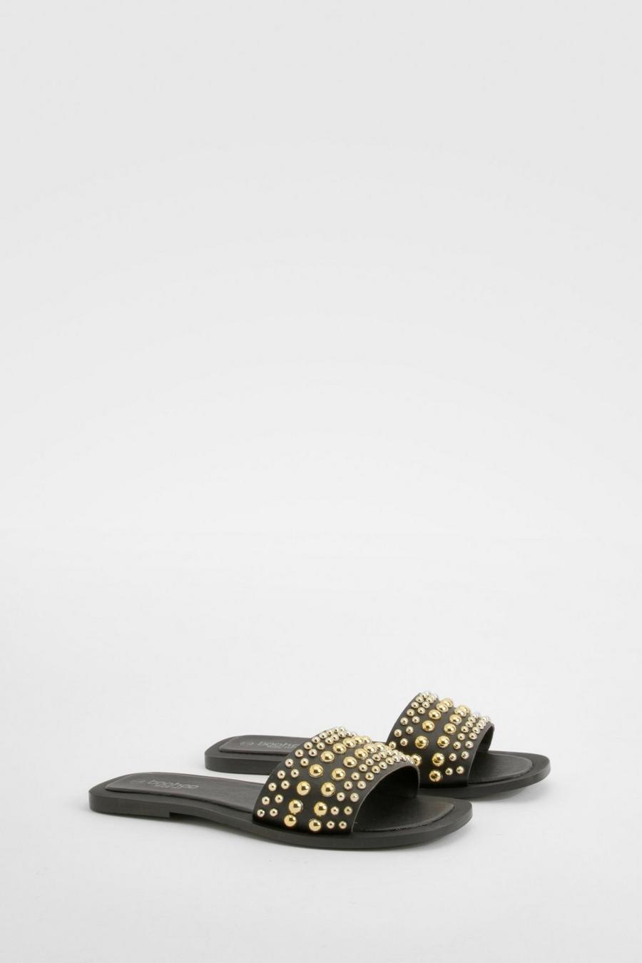 Black Wide Width Leather Studded Mules