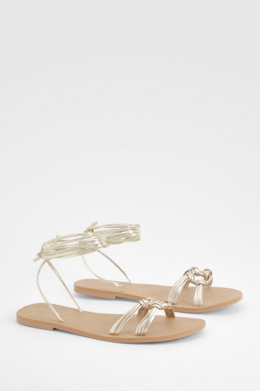Gold Wide Fit Leather Ring Wrap Up Sandals image number 1