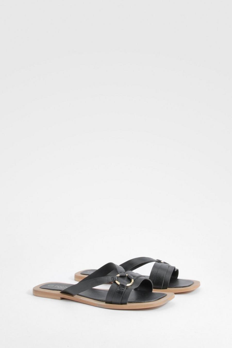 Black Wide Width Leather Ring Mules