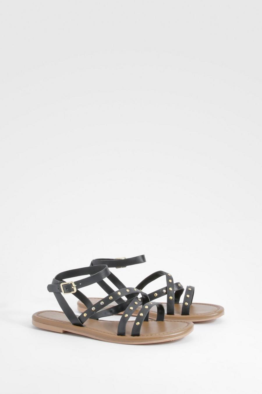 Sandalias de 2 partes de holgura ancha y cuero con tachuelas, Black image number 1